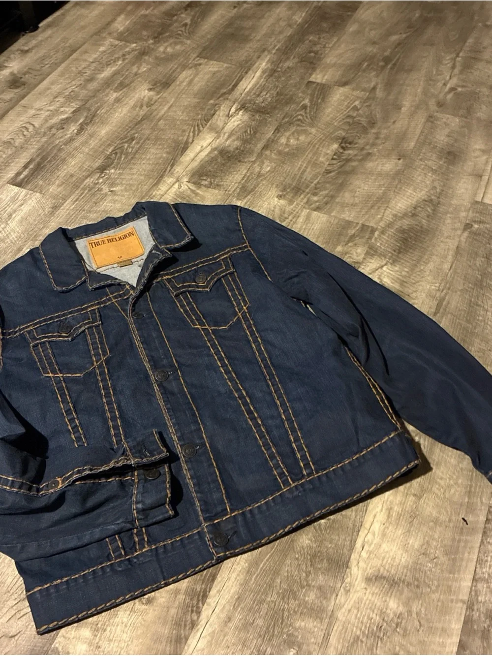 True Religion Men’s Denim Trucker Jacket XXL Big T Thick Stitch Blue Button Up